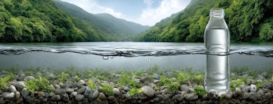 A water bottle with a rock in the middle of a river photo