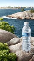 A bottle of water sitting on a rock near the water photo