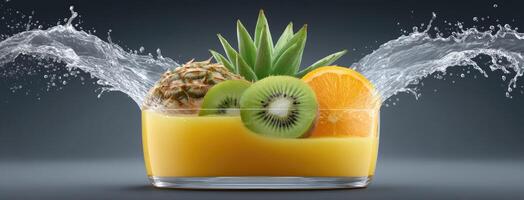 Fresh fruit juice splash with kiwi, orange and pineapple photo