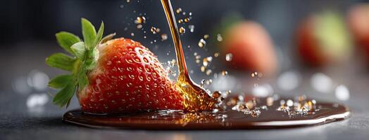 A strawberry being dipped into chocolate syrup photo