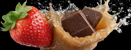 A strawberry and chocolate are splashing into a bowl of water photo