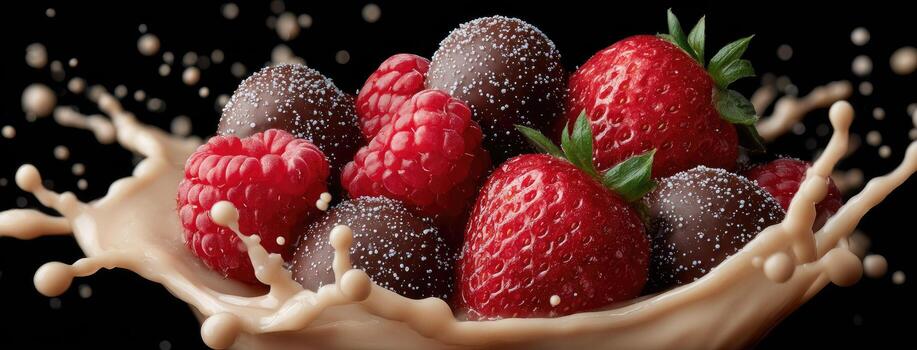 Chocolate and raspberries are splashed with milk photo
