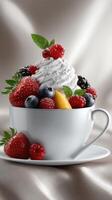 A cup of whipped cream with berries and fruit photo