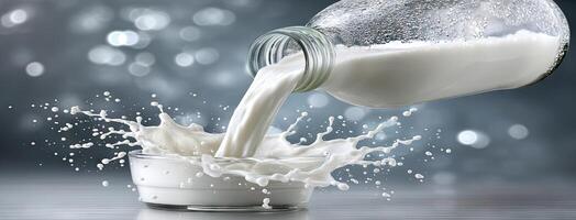 A glass jar filled with milk being poured into a glass photo