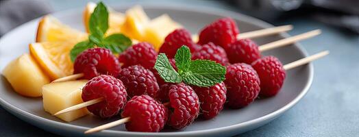 Fruit skewers with raspberries and mint photo