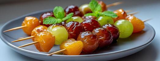 A plate with fruit skewers on it photo