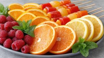 Fresh fruit and vegetables on skewers on a plate photo