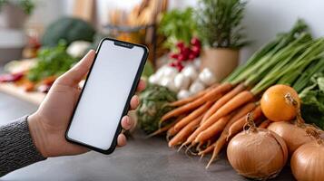 A person holding a smartphone in front of vegetables photo