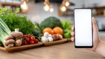 A person holding a smartphone with a blank screen in front of a kitchen with vegetables photo