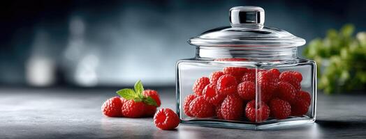 Raspberries in glass jar on dark background photo