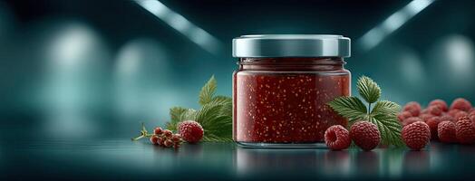 A jar of raspberry jam with leaves and berries photo