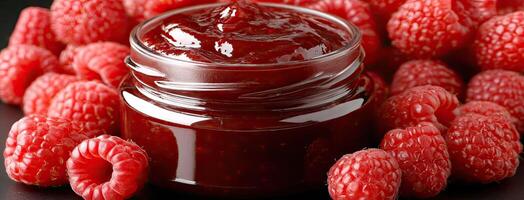 A jar of raspberry jam surrounded by raspberries photo