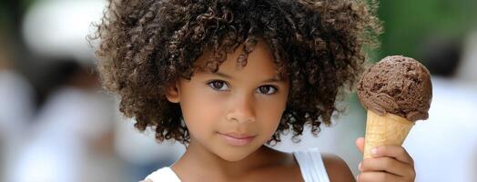 A young girl with curly hair holding an ice cream cone photo