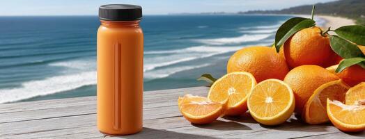 A bottle of orange juice sitting on a table next to a beach photo