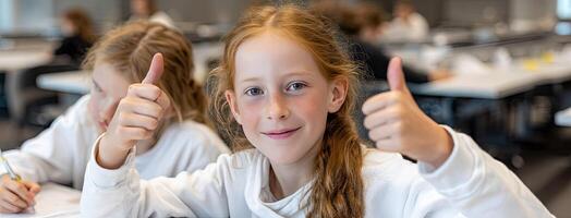 Two girls giving thumbs up in a classroom photo
