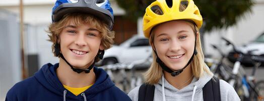 Two young people wearing helmets photo