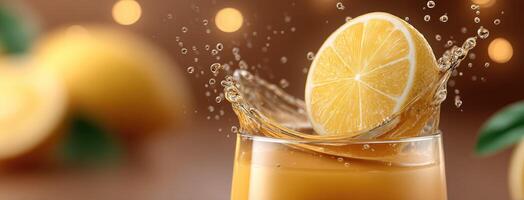 A glass of orange juice with a slice of lemon photo