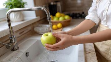 A woman is washing an apple in a sink photo