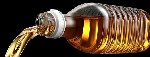 A glass bottle filled with oil is pouring into a black background photo