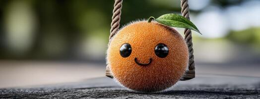 A smiling orange fruit hanging from a rope photo