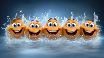 Five orange eggs with faces splashing in water photo