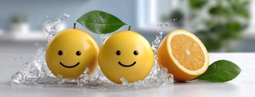 Two oranges with smiley faces in water photo