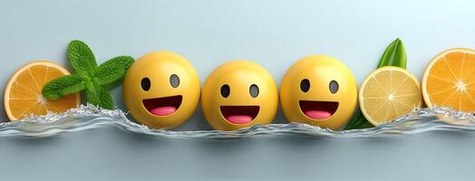 Three yellow emoticions with lemon slices and mint photo