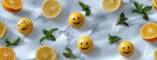 Smiley faces on oranges and mint leaves photo