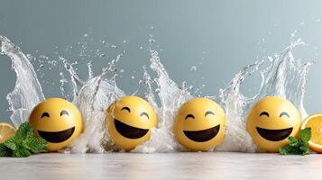 Four yellow eggs with faces and water splashing around them photo