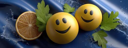 Two oranges with smiley faces and leaves photo