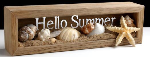 Hello summer sign in wooden frame photo