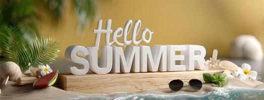 3d render of the word hello summer on a wooden block with palm trees and a beach photo