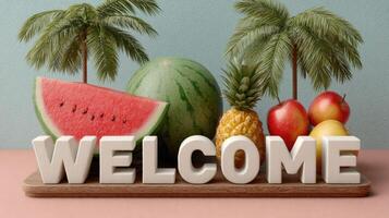Fruit and palm trees with welcome sign on a blue background photo