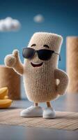 A character wearing sunglasses and a sweater is standing next to bananas photo