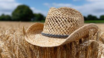 A straw hat sits in a field of wheat photo