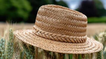 A straw hat is sitting in a field of wheat photo