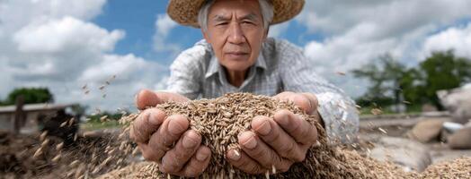 An older man is holding a pile of seeds photo