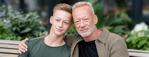 A man and boy sitting on a bench photo