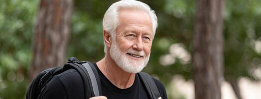 An older man with a white beard and a backpack photo