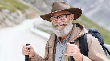 An old man with a beard and glasses is hiking photo