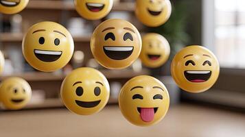 A group of emoticions are hanging from the ceiling photo