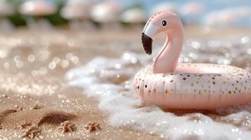 A pink flamingo float on the beach photo