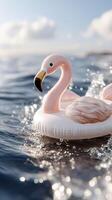 A pink flamingo floating in the ocean photo