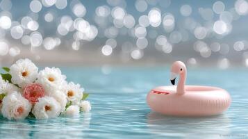 A pink flamingo floating in the water with flowers photo