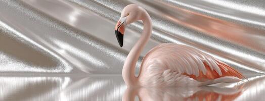 A pink flamingo is standing on a shiny surface photo