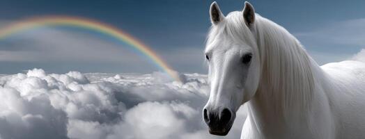 A white horse is standing in front of a rainbow photo