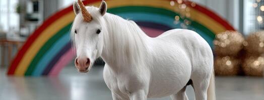A white unicorn is standing in front of a rainbow photo