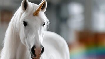 A white horse with a rainbow horn photo