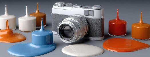 A camera and some paint cans are next to each other photo