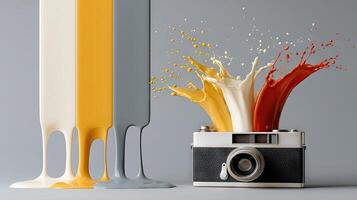A camera with a splash of paint and a splash of milk photo